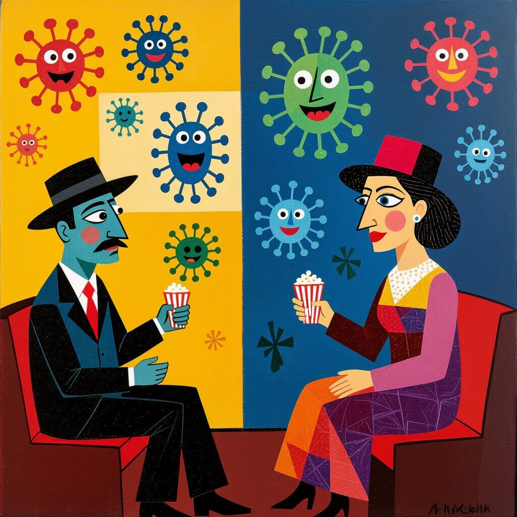 Whimsical Microbes Enjoying a Cinema Outing in Bold Abstract...