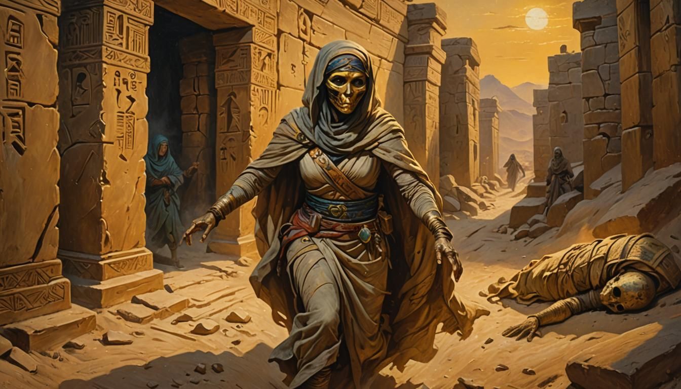 Female Mummy Escaping Tomb: Historical Oil Painting