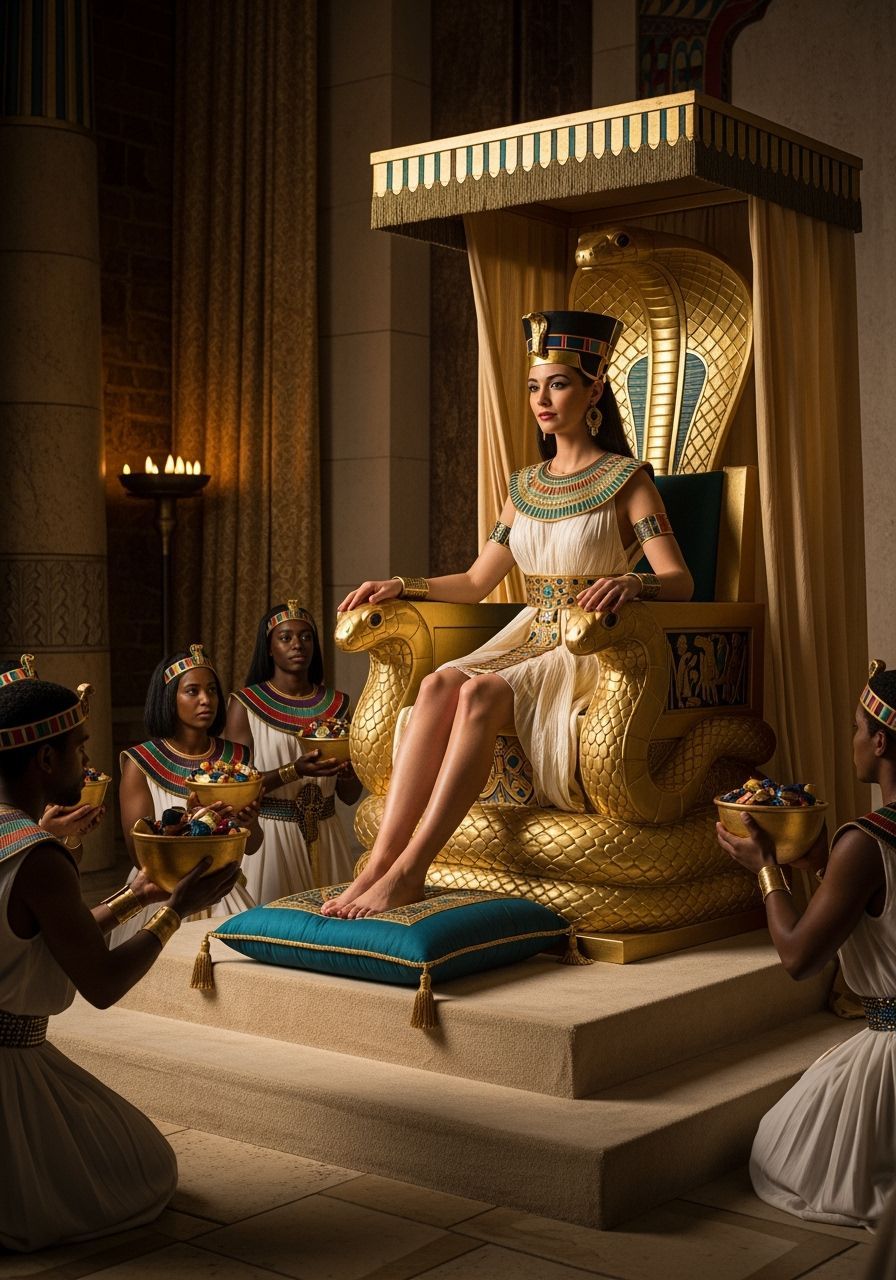 Egyptian Queen on Cobra Throne with Offerings