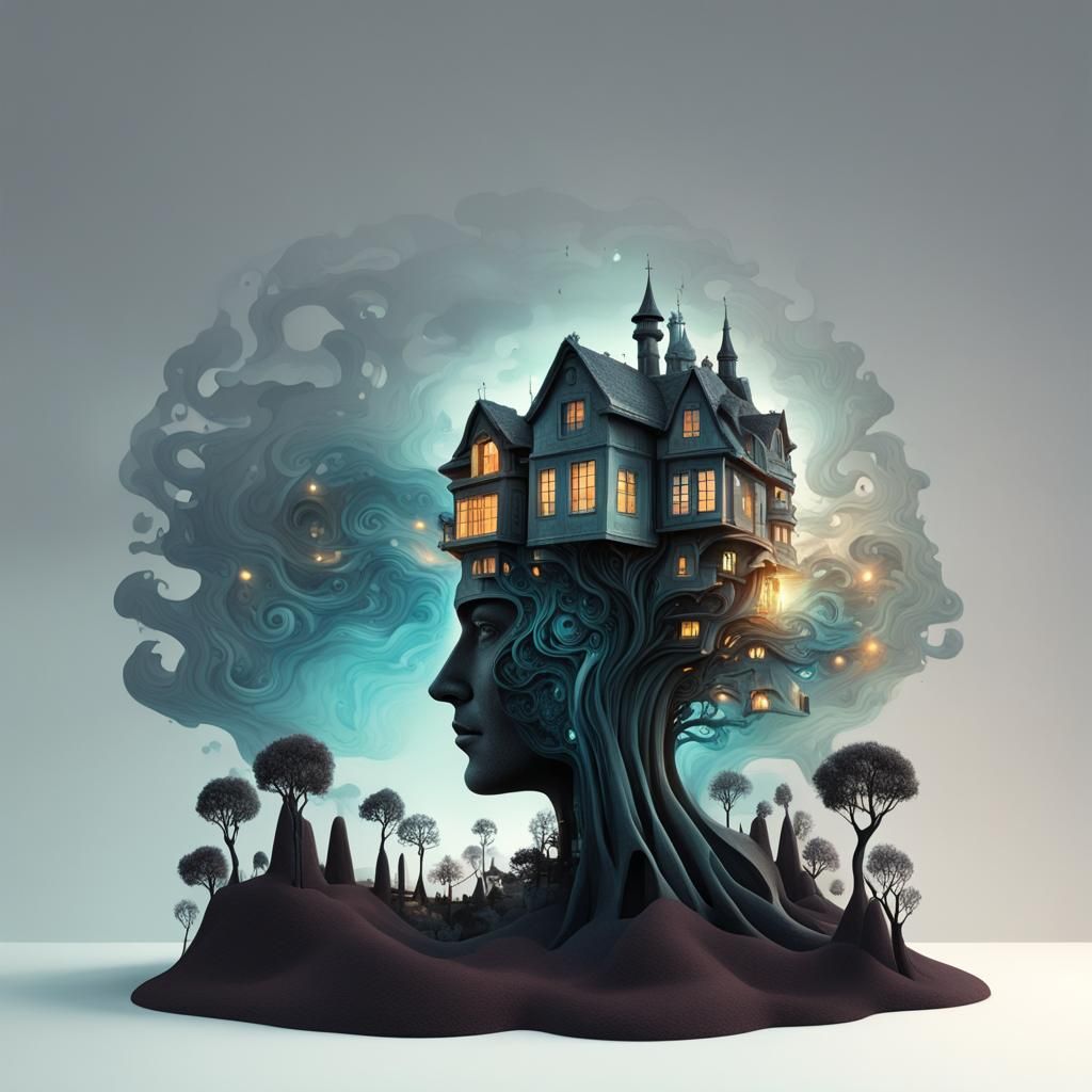 Surreal Dreamlike World: Luminous Houses Merge into Fantasy ...