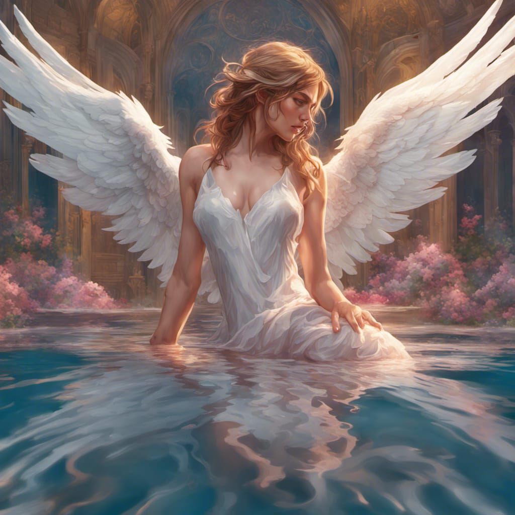 Romantic Angel Reflected in Water, Hyperdetailed Art
