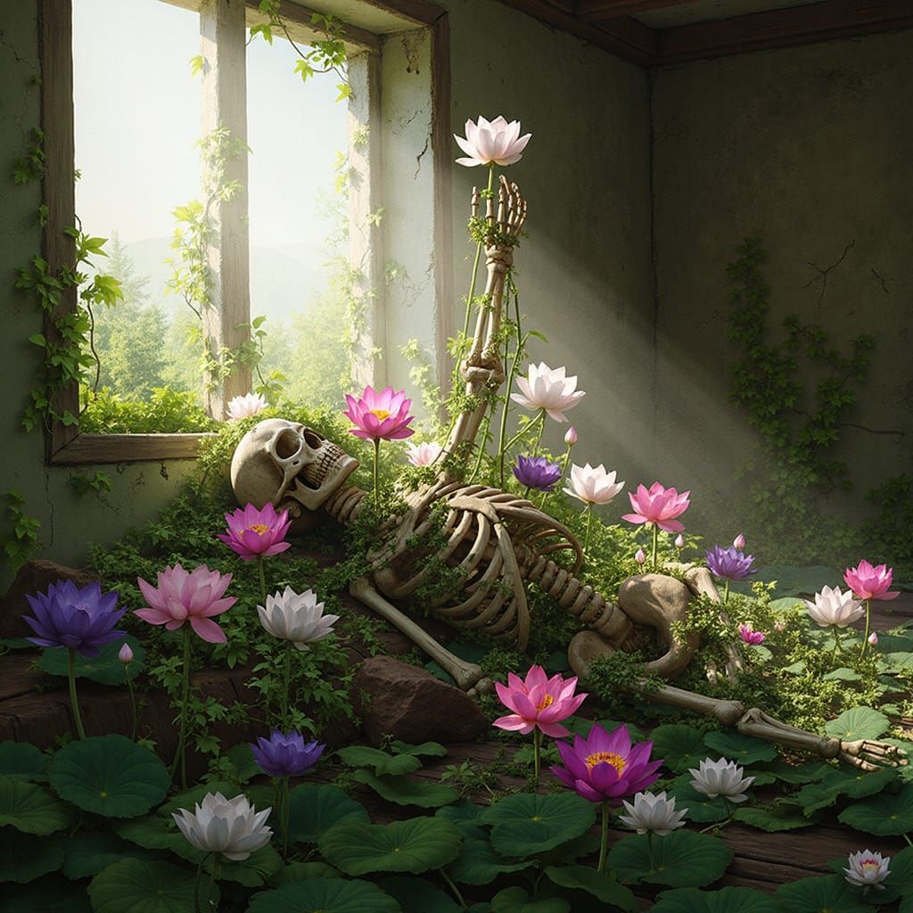 Human Skeleton Amidst Ruins, Holding Lotus Flower in Hazy Su...