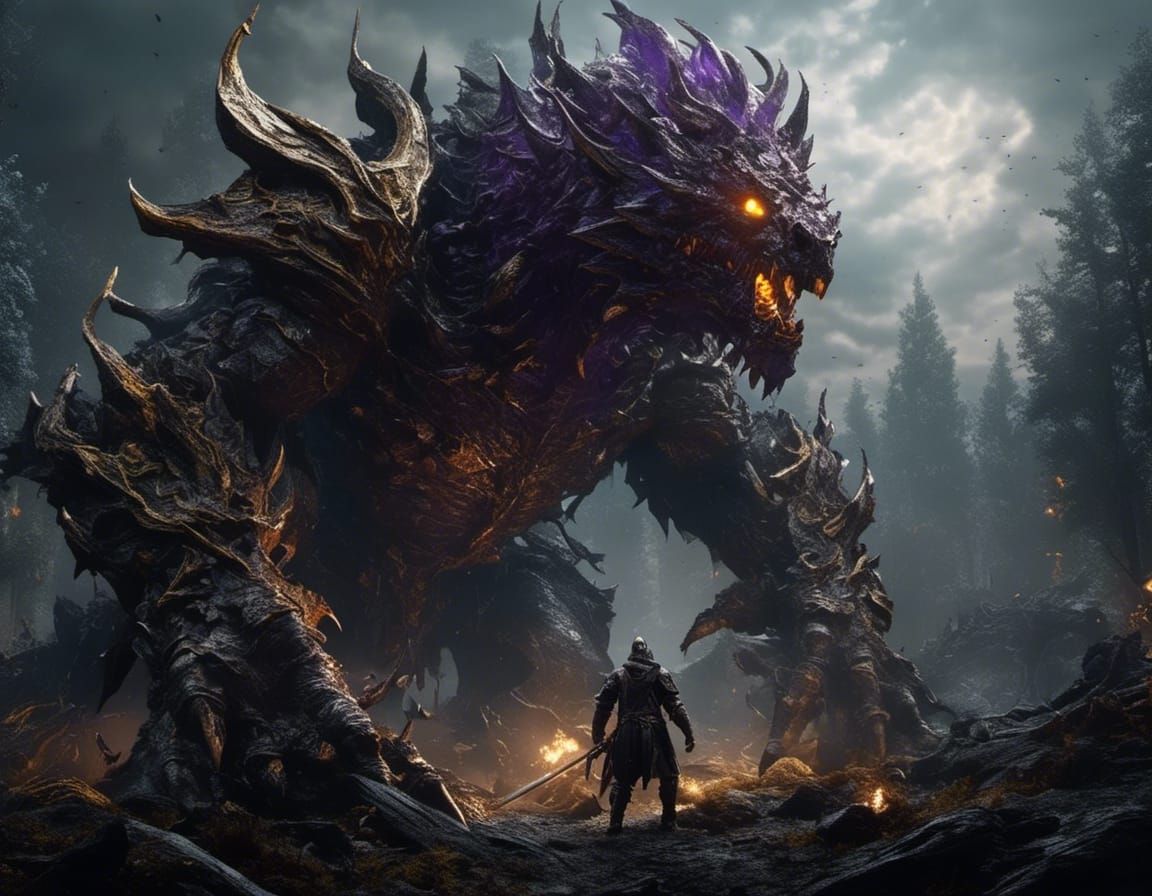 Knight Battles Monster in Dark Fantasy Style