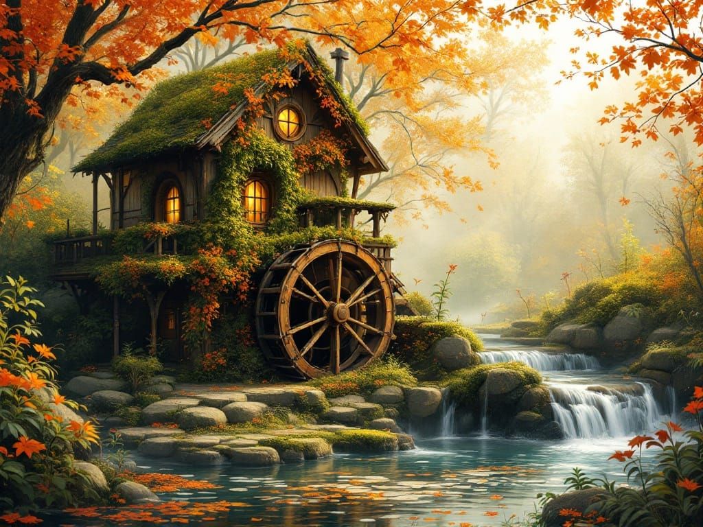 Idyllic Watermill Amidst Fiery Autumn Bloom