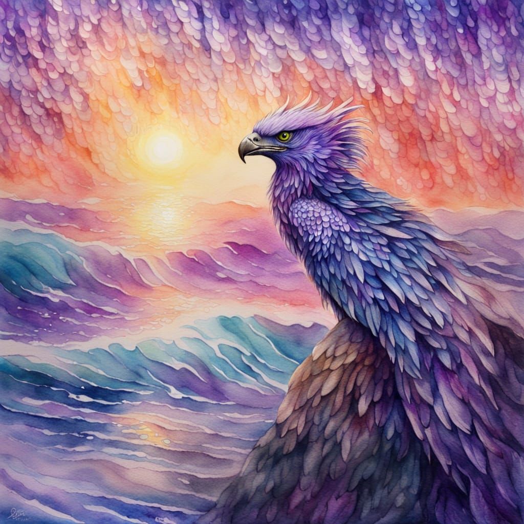 Majestic Ocean Griffon in Vibrant Purple Watercolor