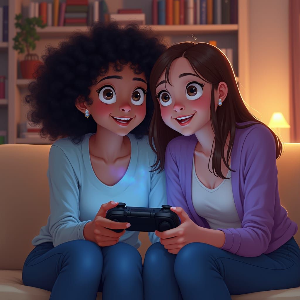 Women Playing Video Games on Sofa, Digital Art Style