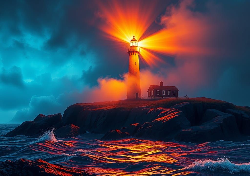 Surreal Nighttime Scene of the Portland Head Light in Cosmic...