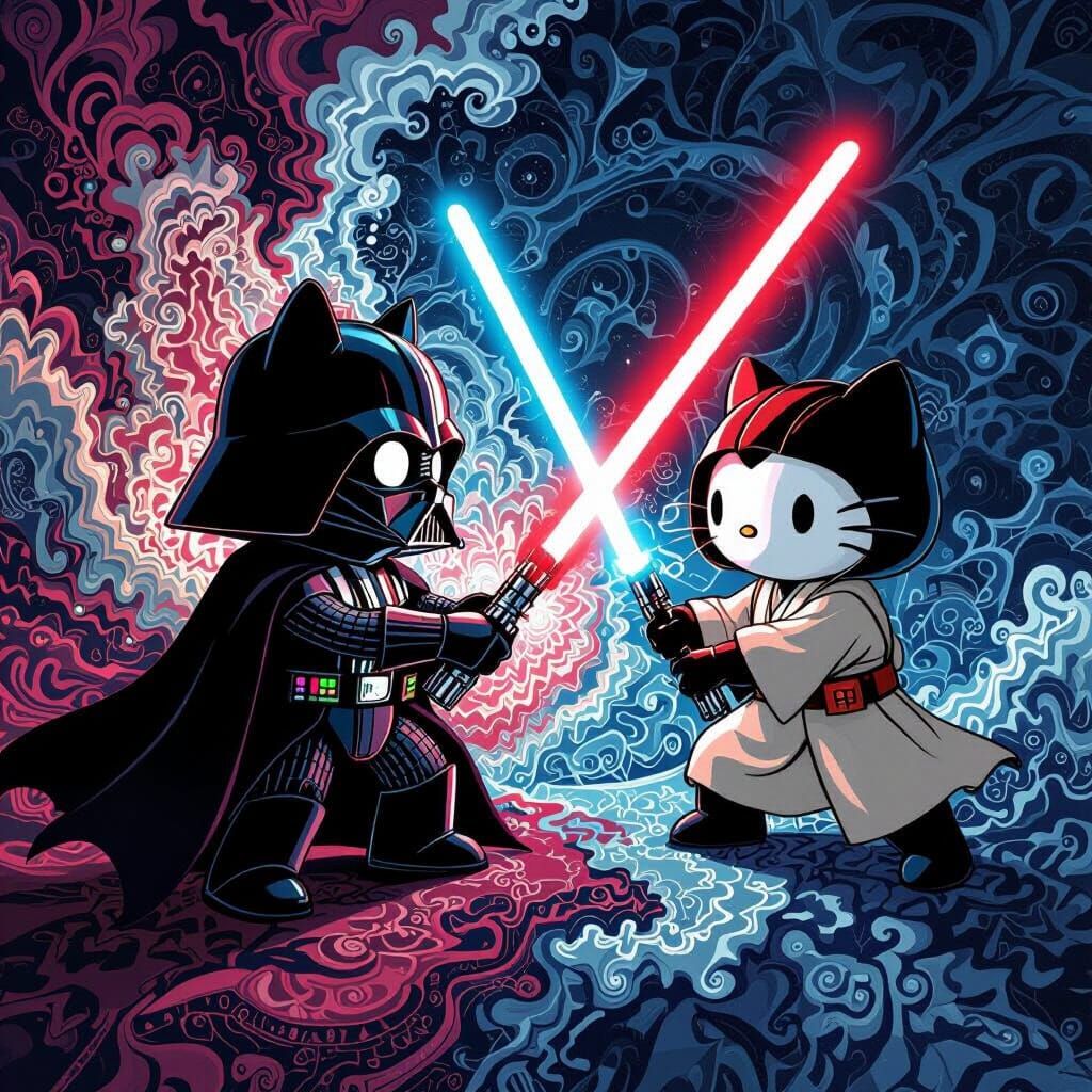 Hello Kitty Darth Vader Battles Kuromi Obi-Wan