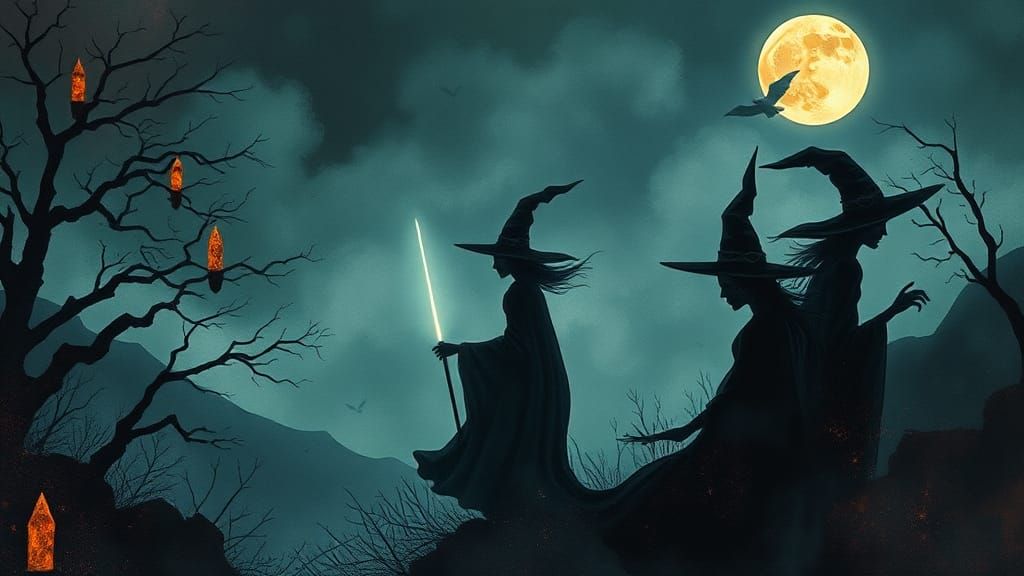 Moonlit Witches in Eerie, Abstract Landscape