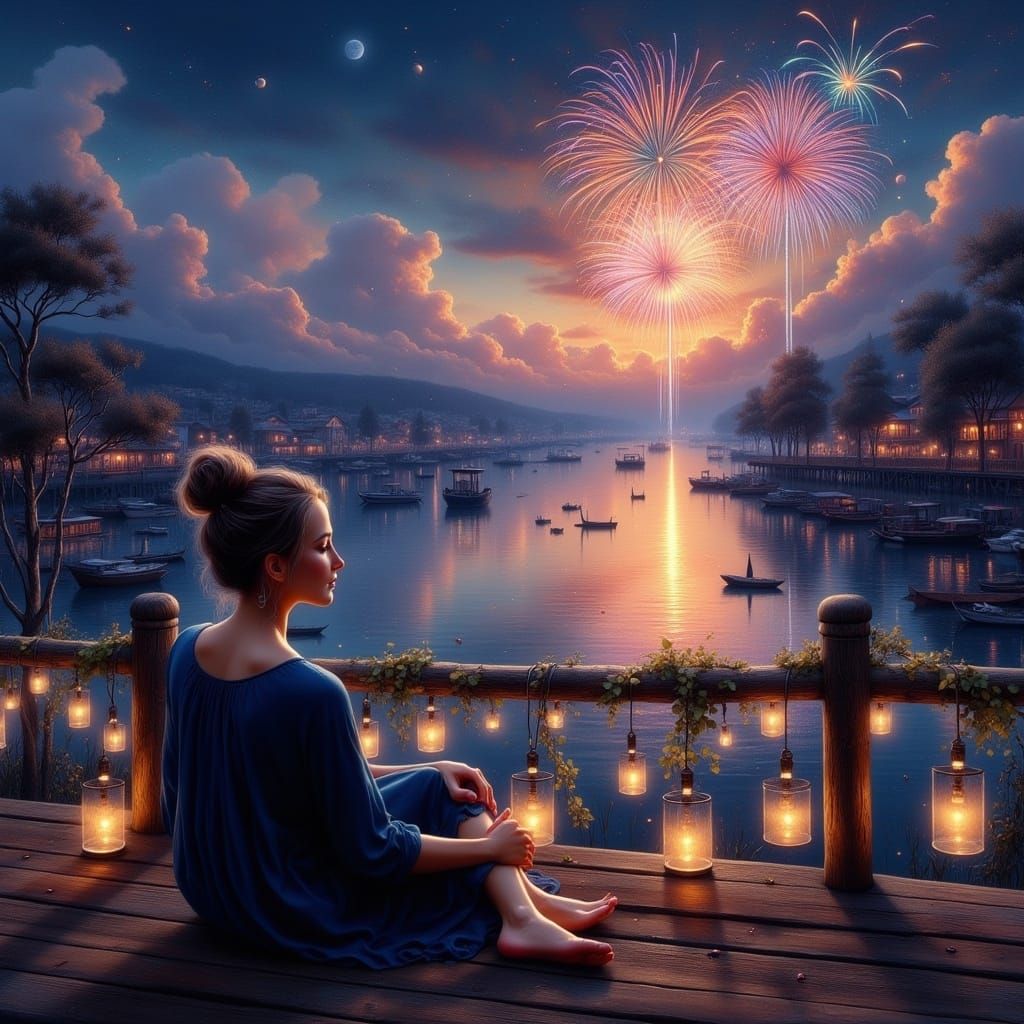 Serene Woman Enveloped in Ethereal Fireworks Glow