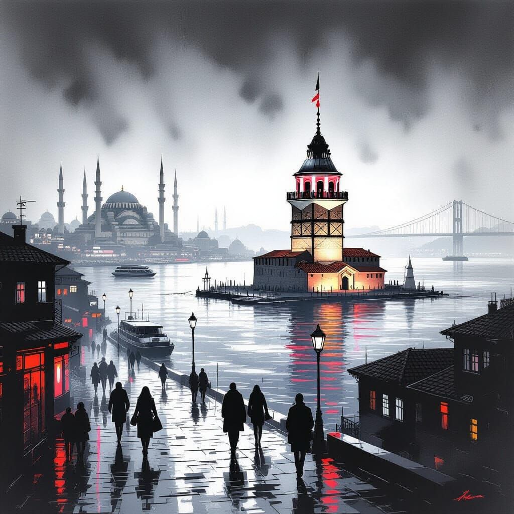 Istanbul Bosphorus: Cyberpunk Pencil Sketch