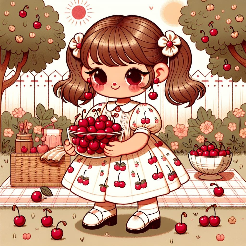 Disney Pixar style adorable little girl, hair in two pony tails with cherry barrettes, wearing a white dress with cherry...