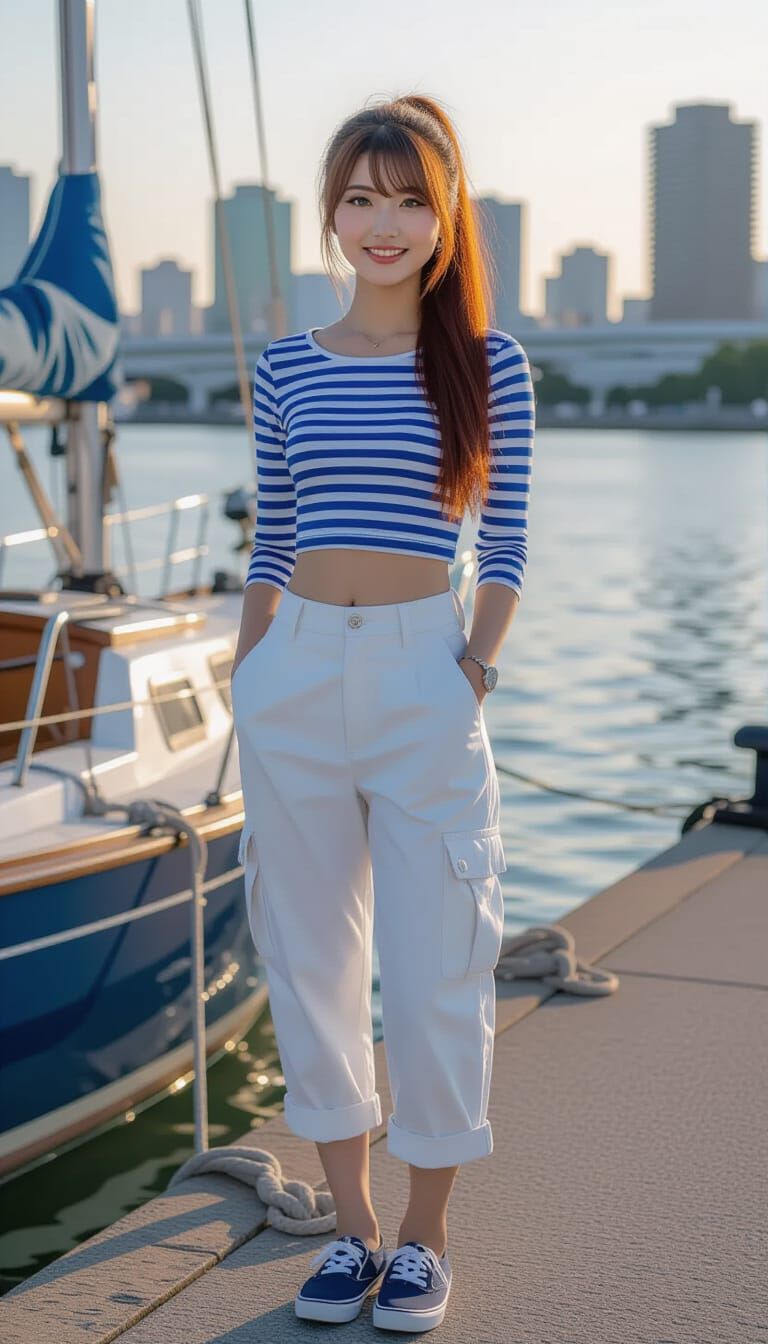 Japanese Woman in Sailor Shirt on Tokyo Pier