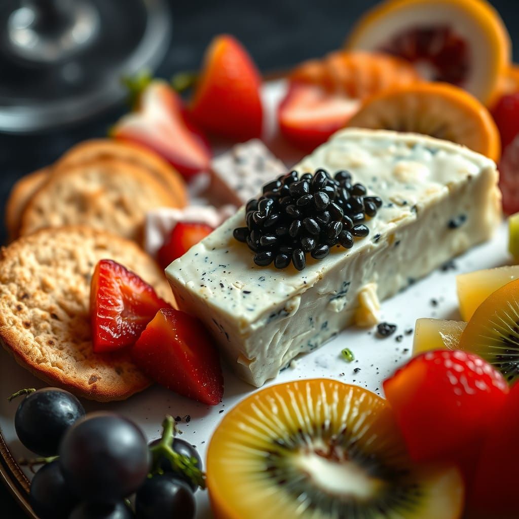 Luxurious Still Life of Blue Cheese, Osetrina Fish, and Blac...