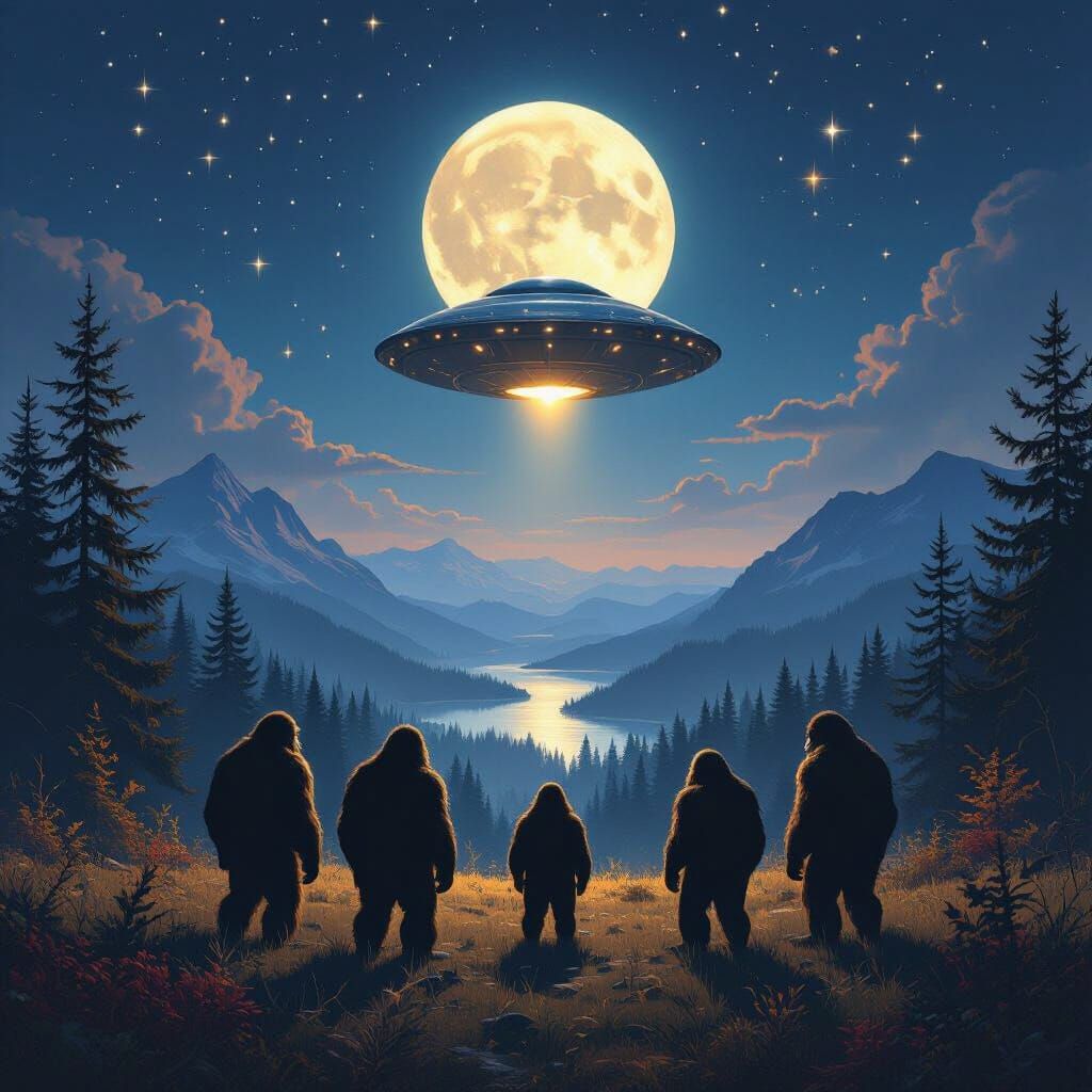 Bigfoot Await Star Craft Landing Under Full Moon