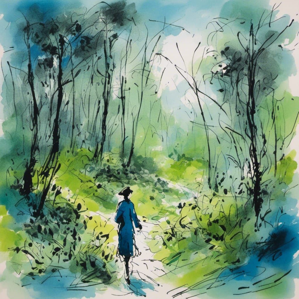 Woman Walking in Forest: Charcoal and Gouache