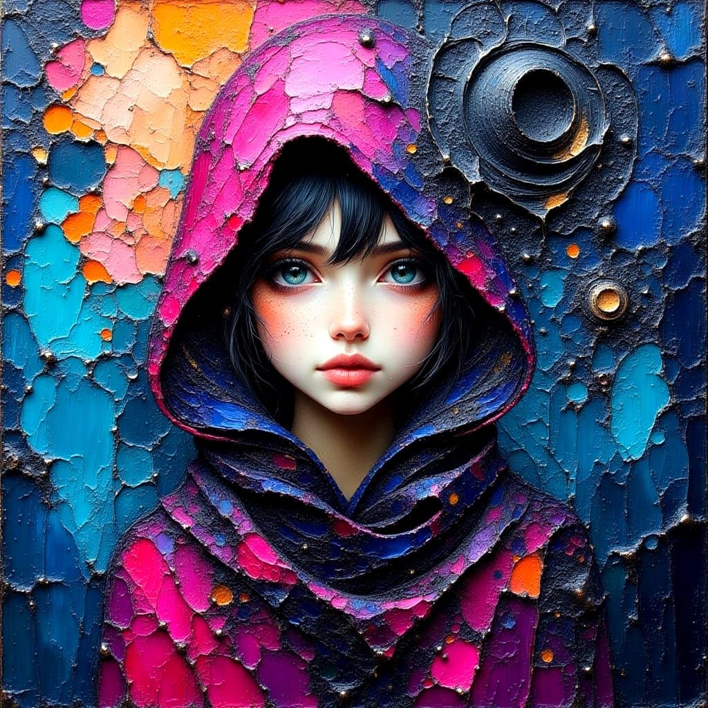 Cloaked Girl Portrait in Impasto Oil Painting Style