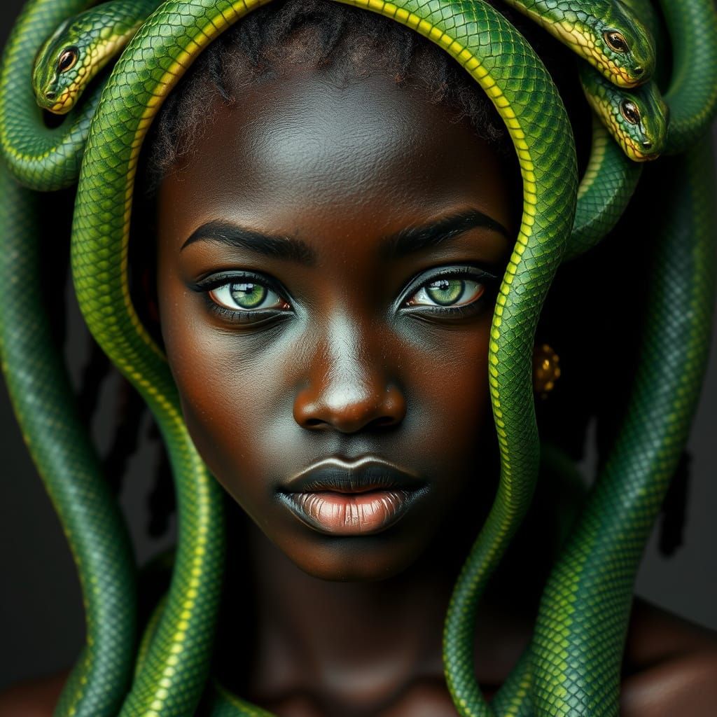 Mysterious Ebony Goddess with Green Serpents