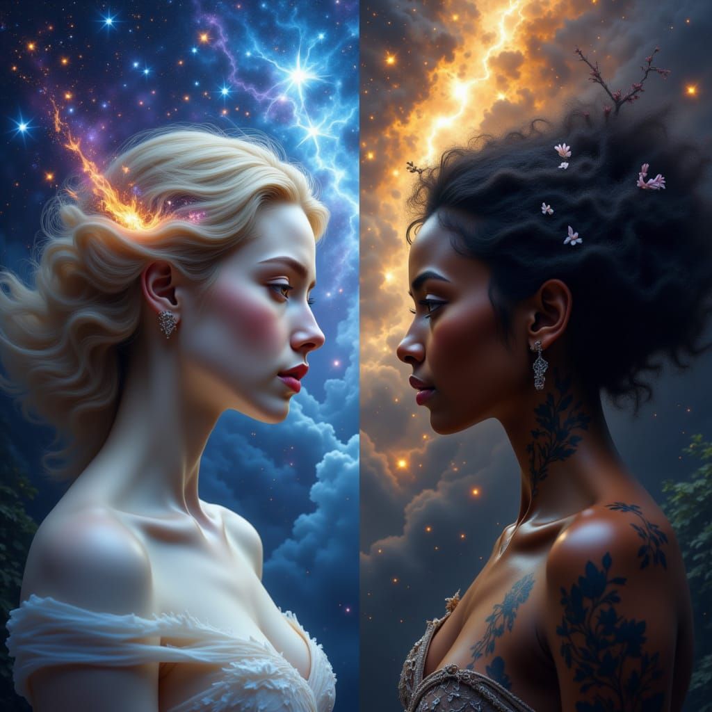 Celestial Women Gazing at Nebula in Oil Paint Style