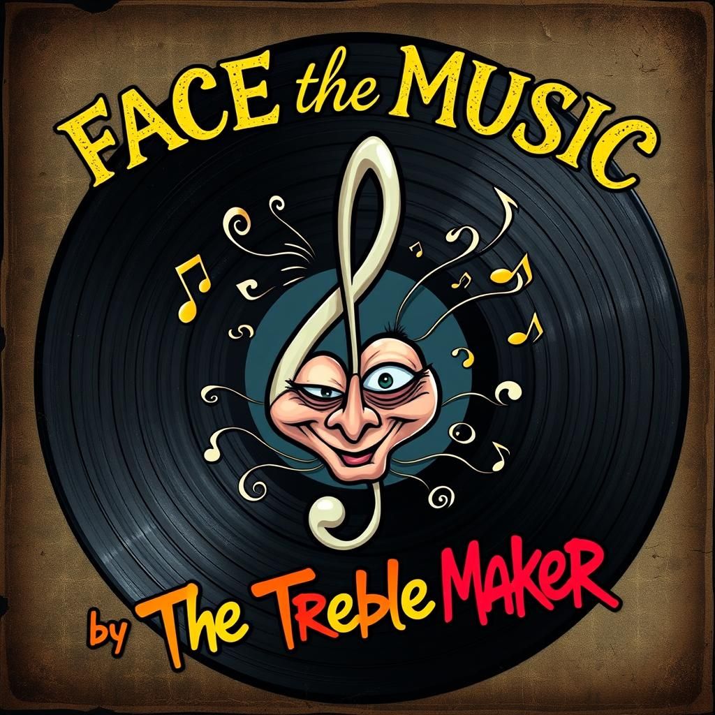 Whimsical Treble Clef Caricature on Vinyl Record
