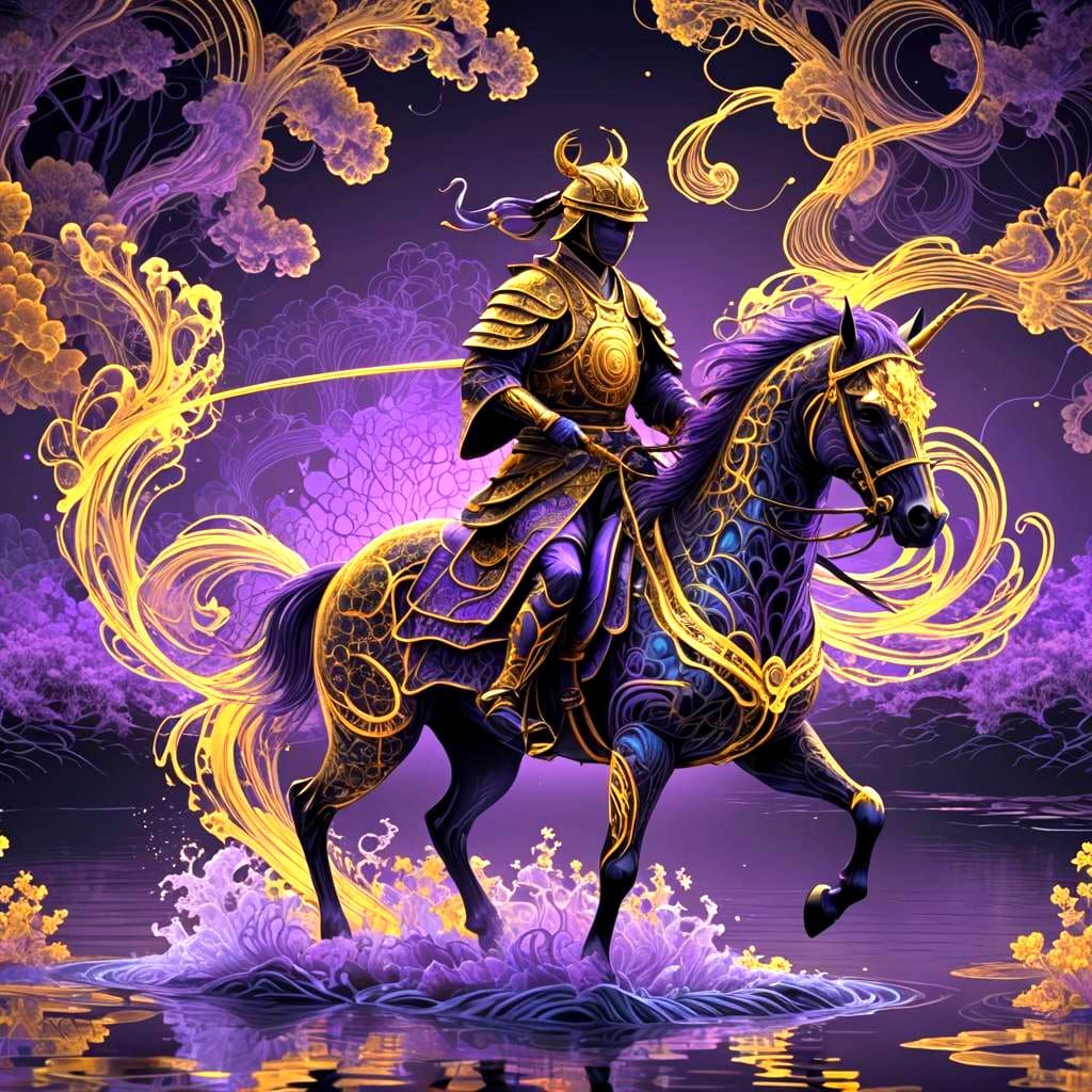 Bioluminescent Samurai on Horseback in Gold