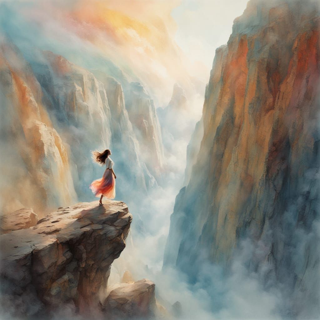 A surreal dreamscape capturing a young woman gracefully falling in mid-air, suspended halfway between the top and bottom...