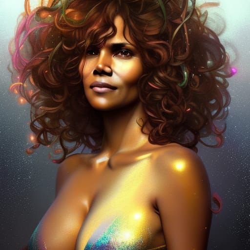 Radiant Goddess Portrait with Colorful Hair, Digital Art