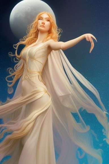 Ethereal Moon Elf Goddess Digital Painting
