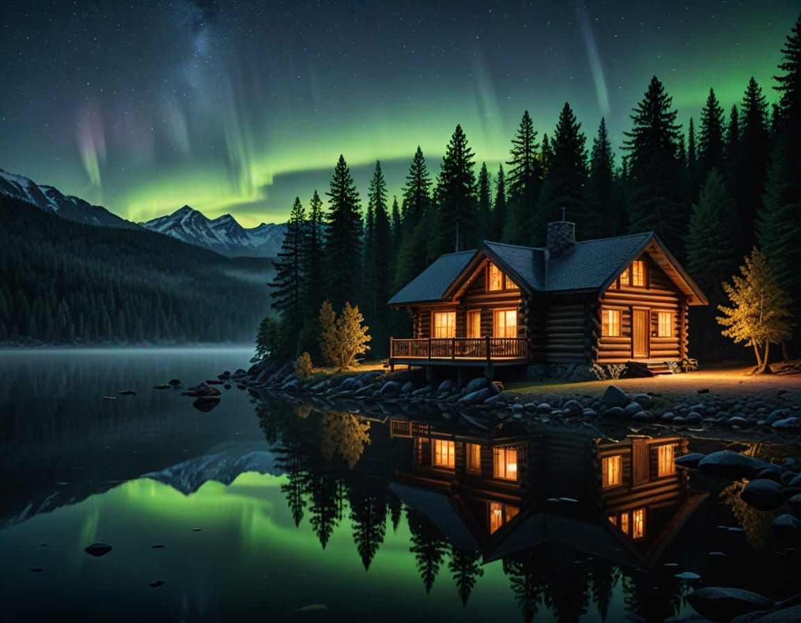 Misty Lake Cabin at Night in HDR