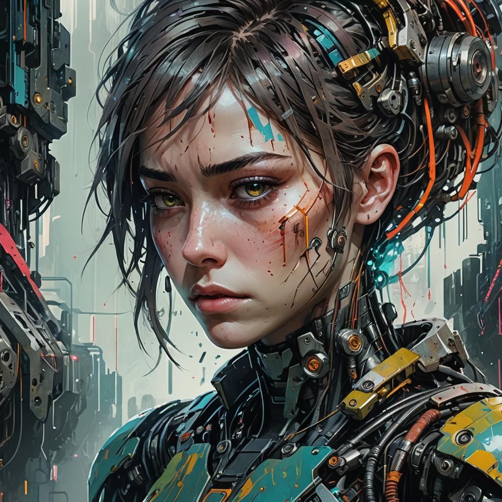 Melancholic Android in Cyberpunk Interior: 2D Illustration