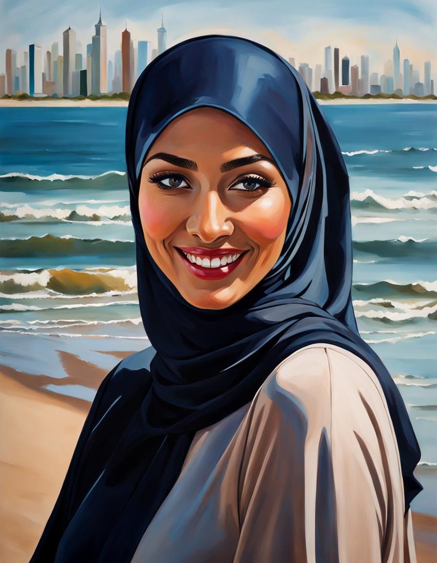 Elegant Hijabi Woman Smiling on a Beach