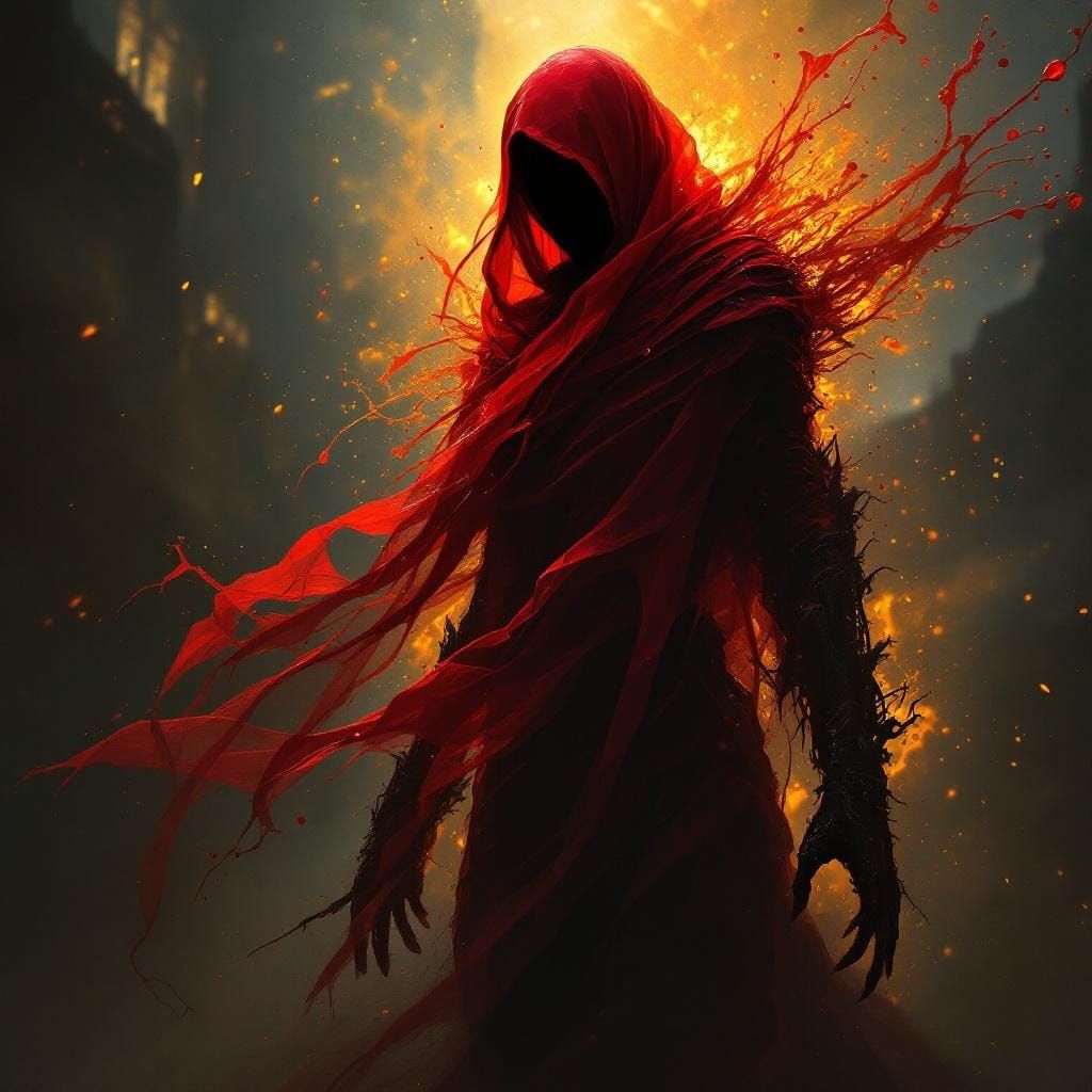 Voodoopunk Warrior in Crimson Veils and Golden Aura