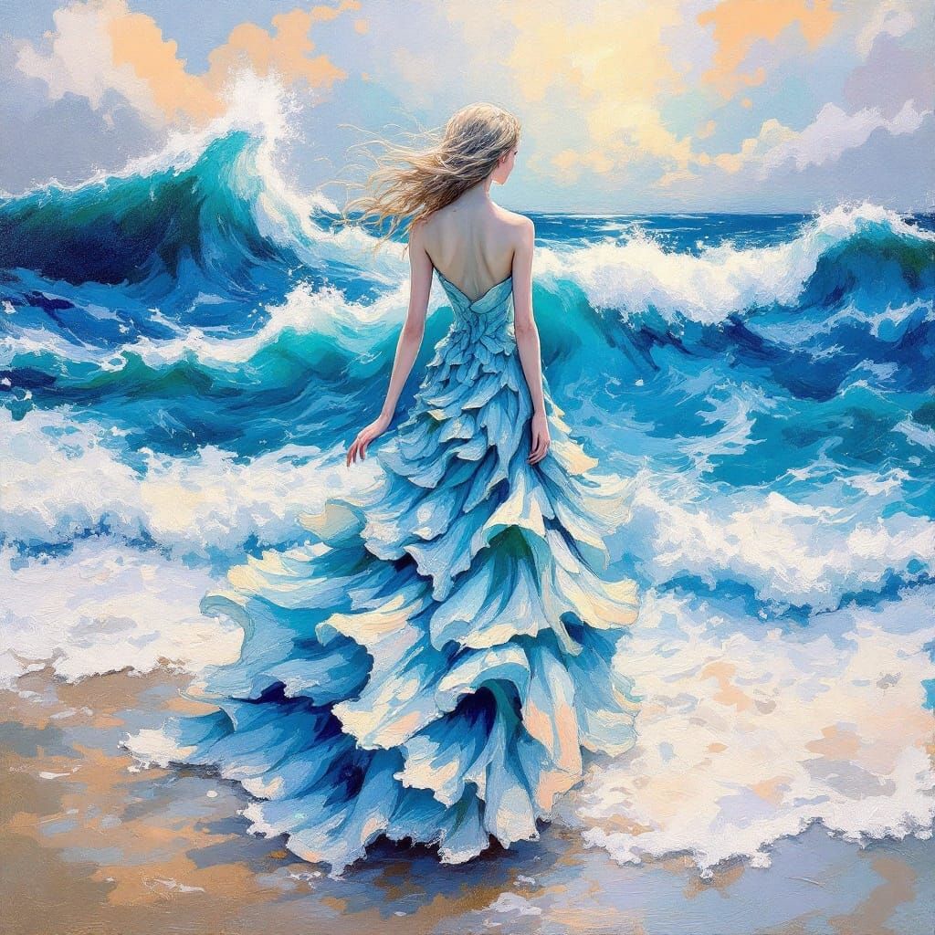 Impasto Ocean Goddess Emerges from Whimsical Waves