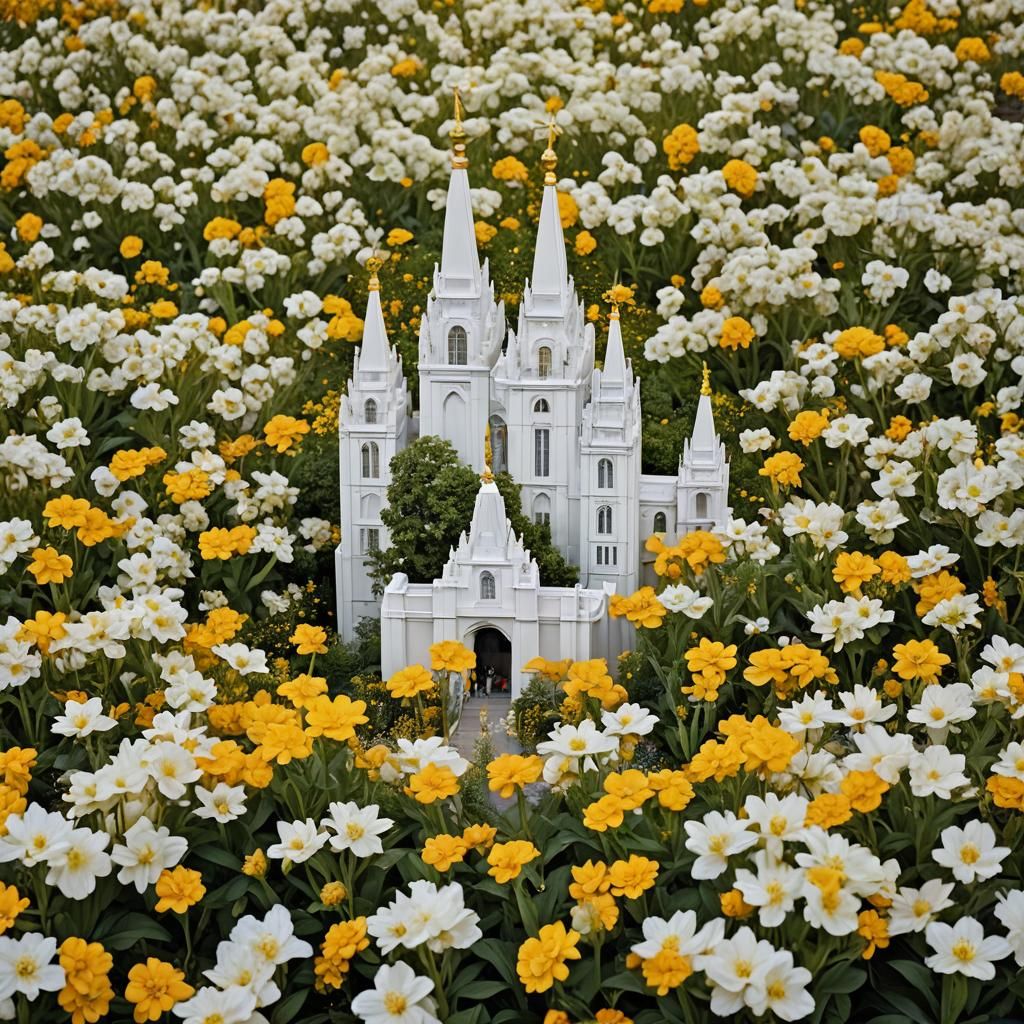 White Temple Surrounded by Yellow Flowers Portrait