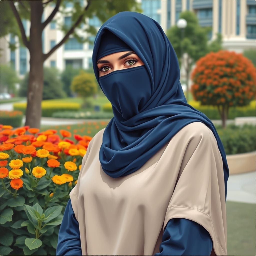 Elegant Niqabi Woman in Urban Garden: Oil Painting