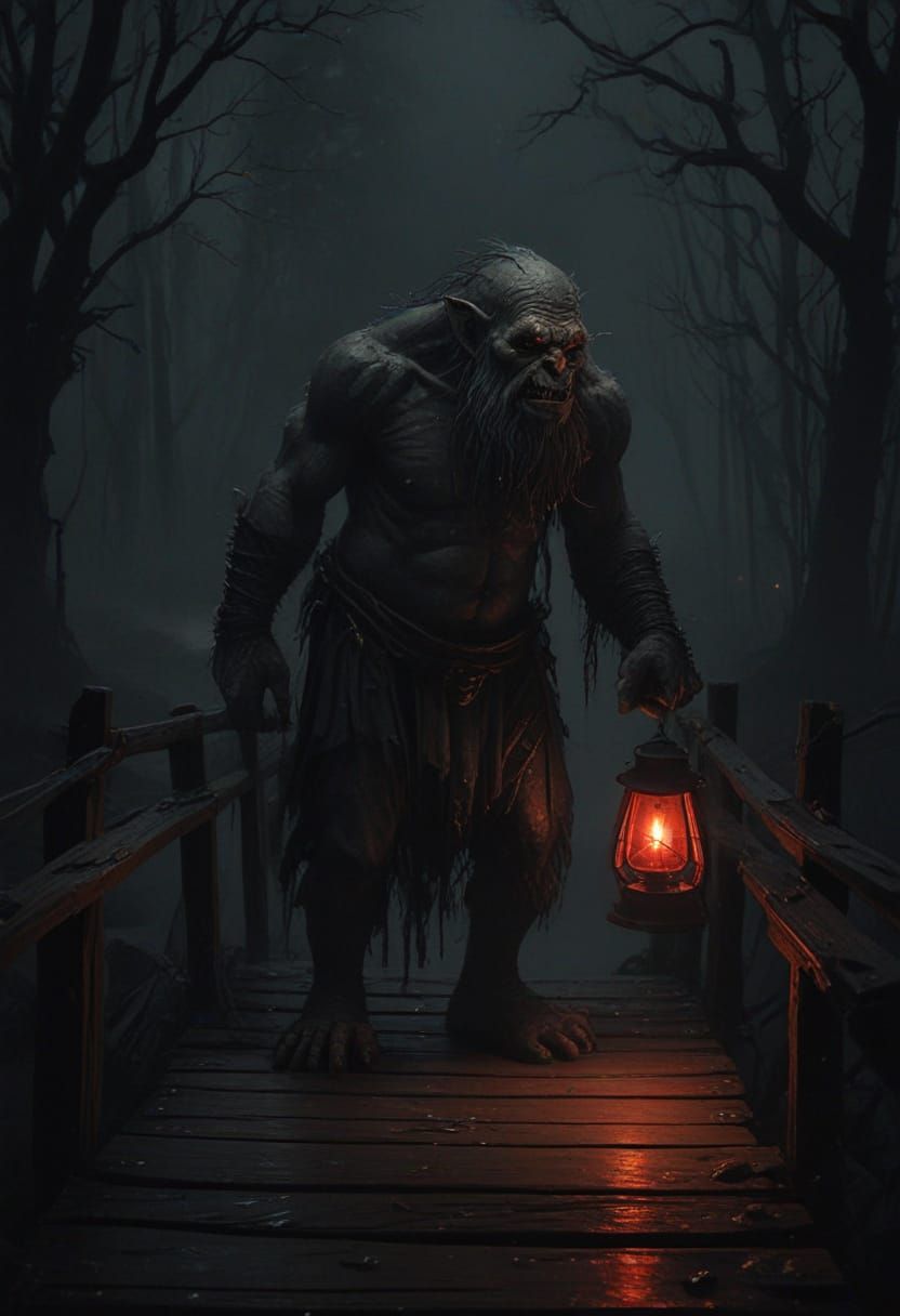 Troll on Bridge with Red Lamp in Gothic Style