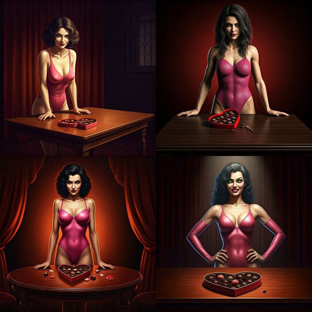 Alluring Trickster Woman in Pink Leotard with Chocolate Box