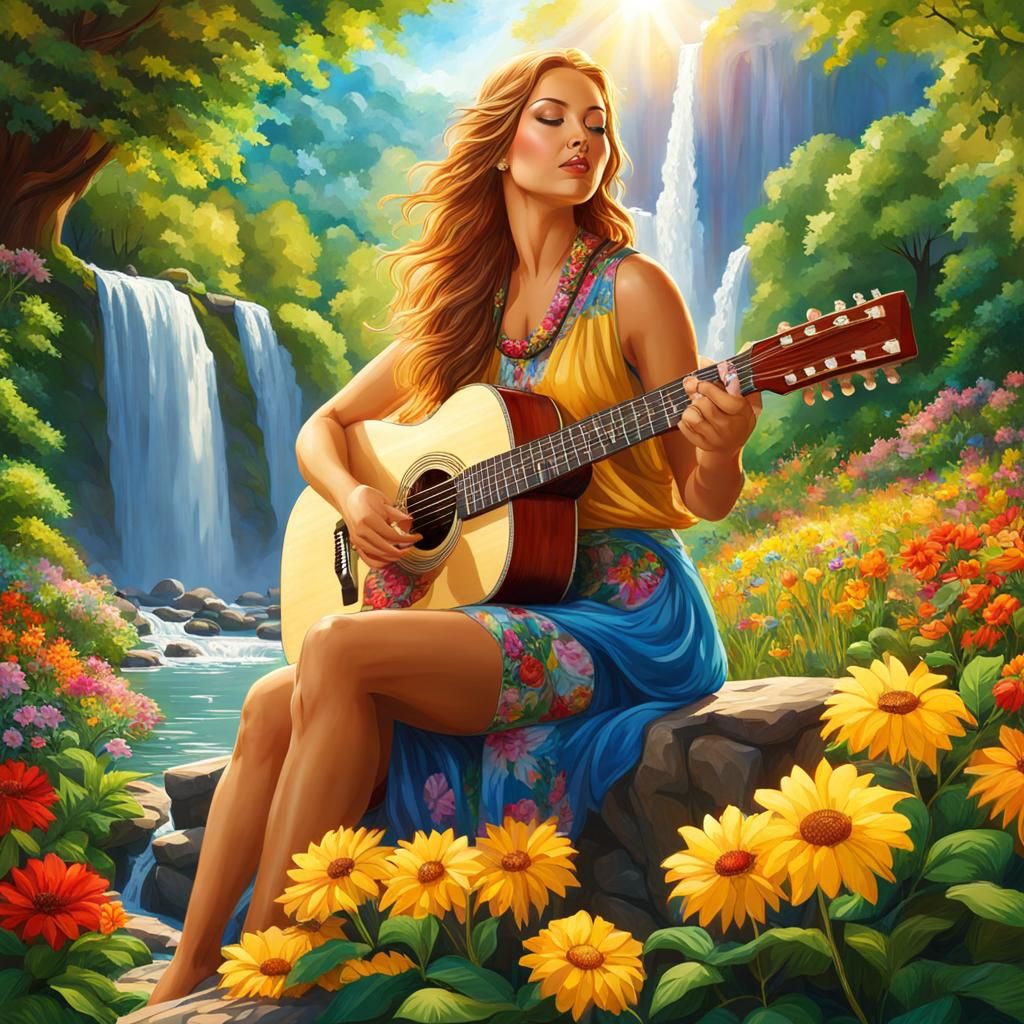 Goddess Woman Singing in Lush Nature Scene