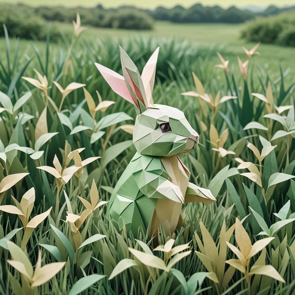 Origami Rabbit Hopping Through Field in Papercraft Style