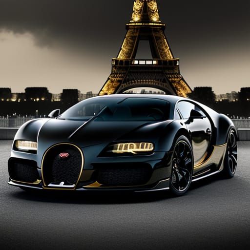 Black and Gold Bugatti near Eiffel Tower