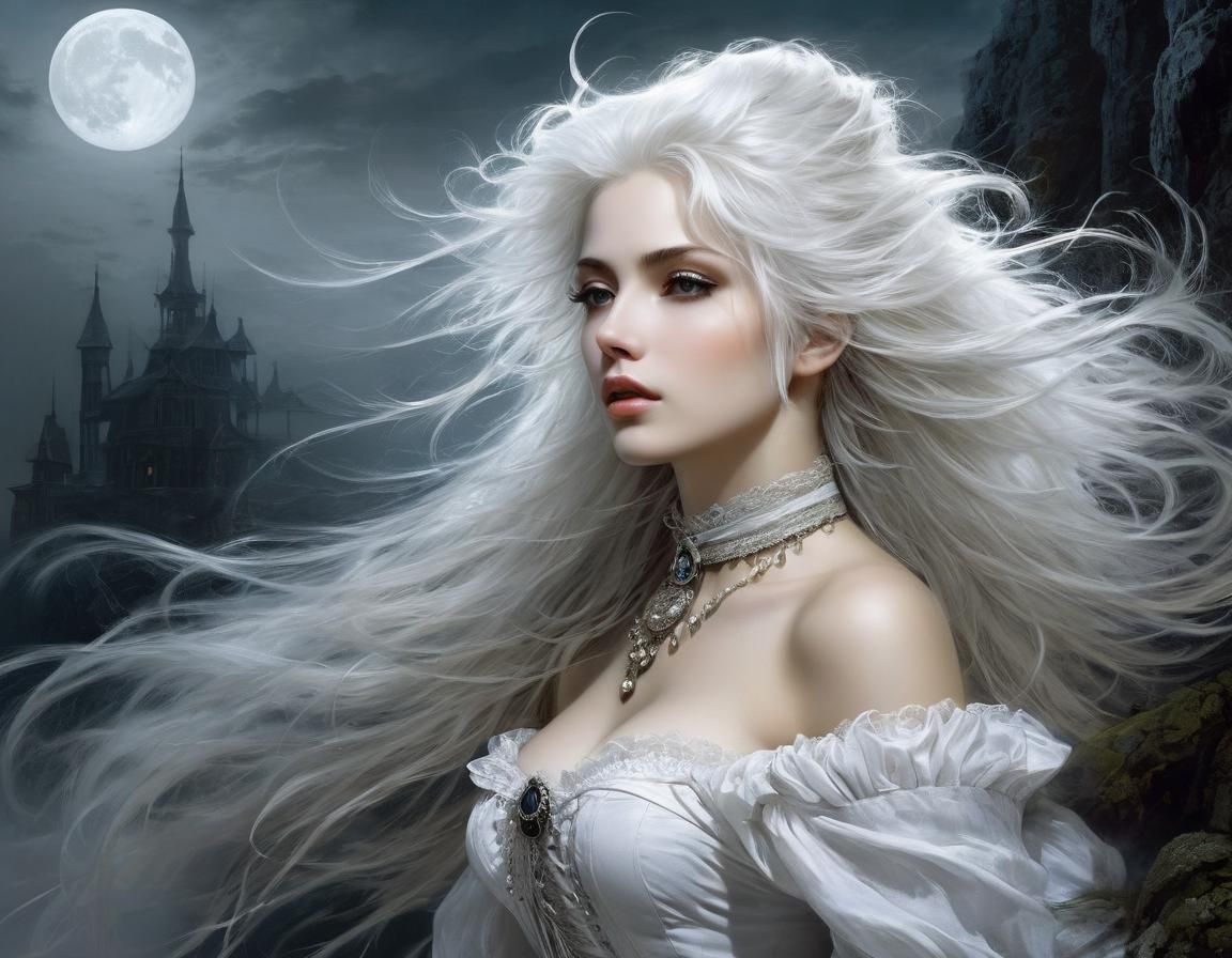 Ethereal Victorian Woman in Moonlight, Anime Style