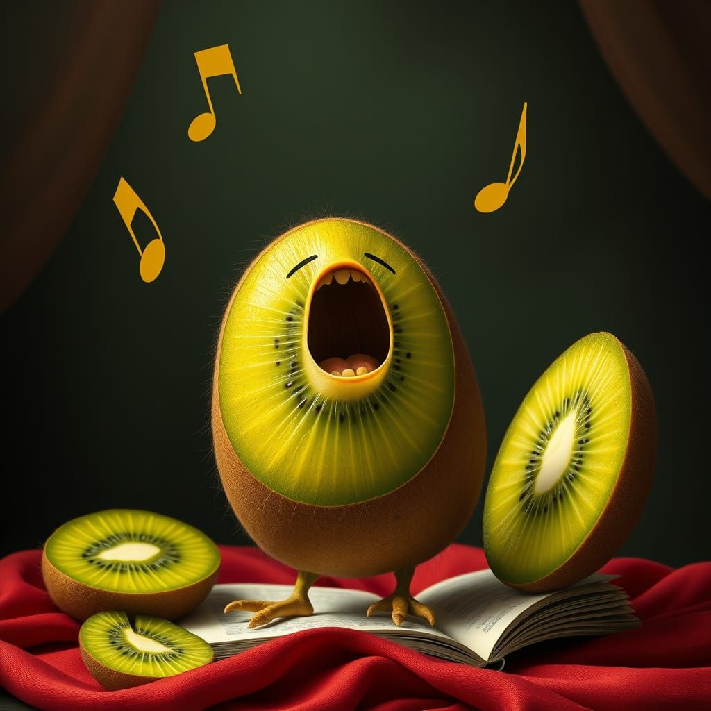 Kiwifruit Opera Singer in Elegant Gown