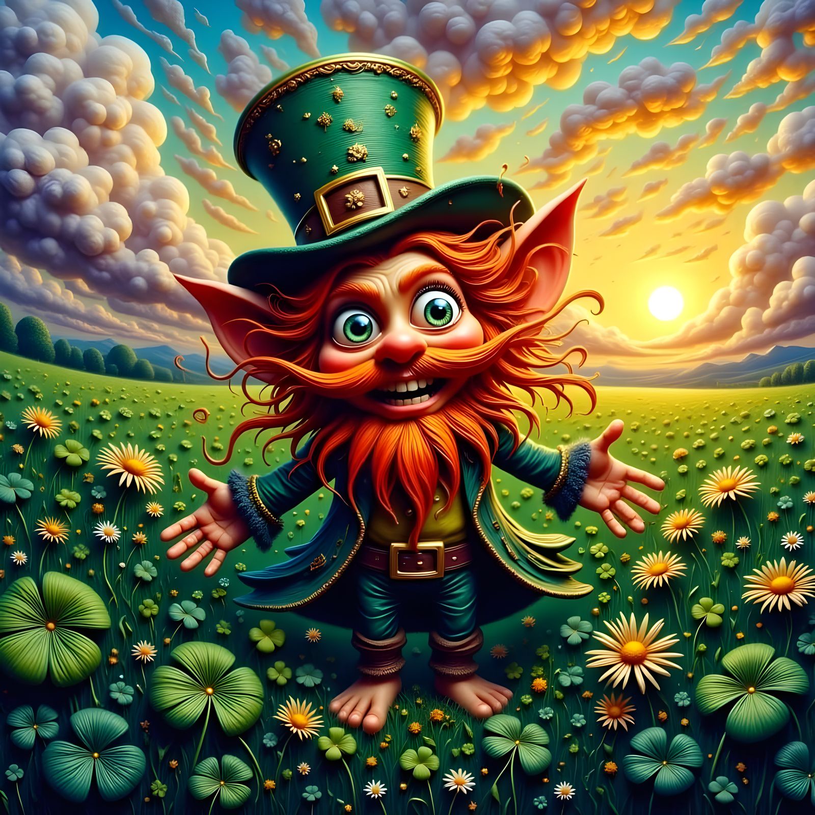 Vintage Impasto Leprechaun in Emerald Green and Cerulean Blu...