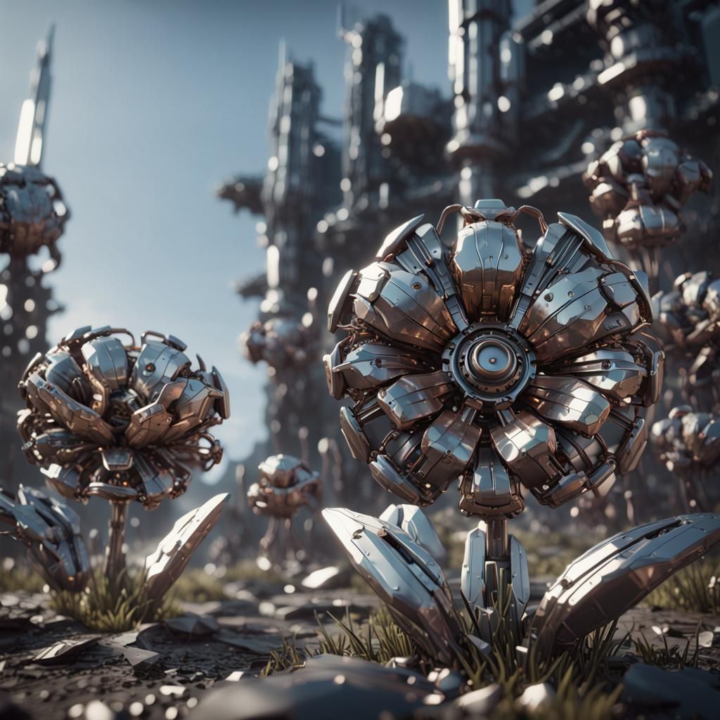 Futuristic Metal Flowers with Intricate Mech Details
