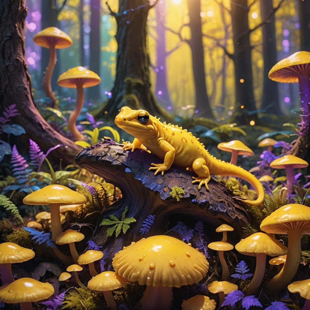 Yellow Salamander in Bioluminescent Fantasy Forest