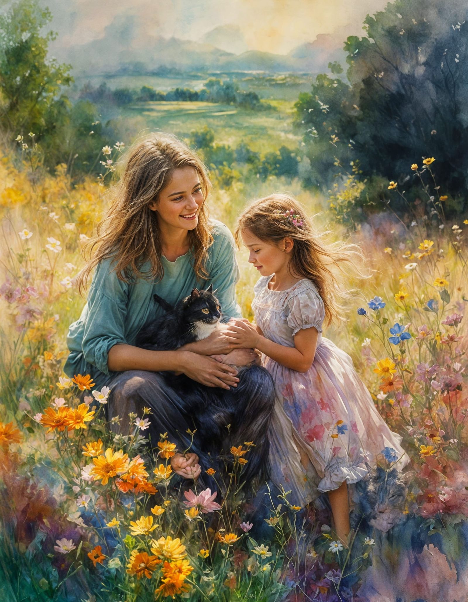 Motherly Love in Vibrant Watercolor
