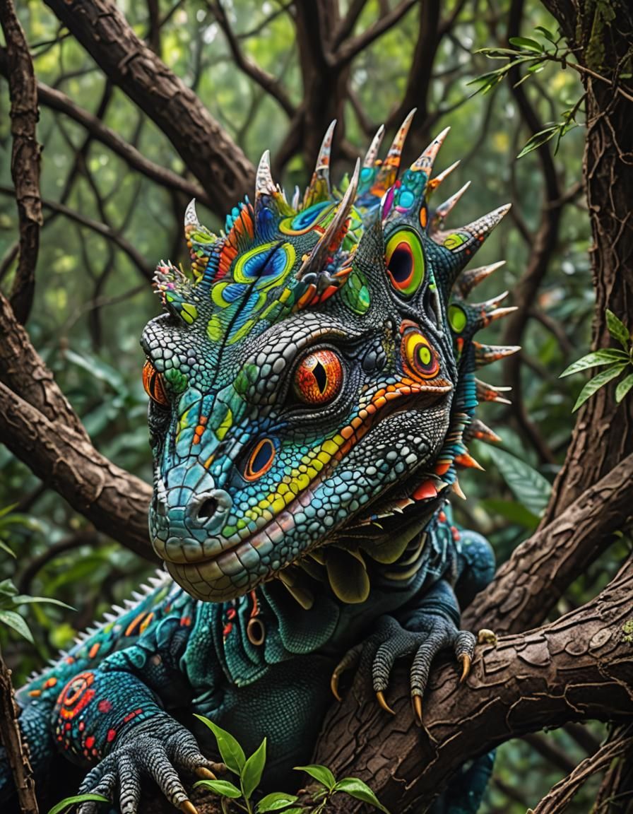 Lizard with Neon Spiral Eyes and Psychedelic Effect