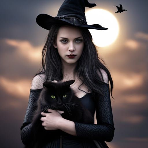 Witch and Black Cat in Hyperrealistic Style