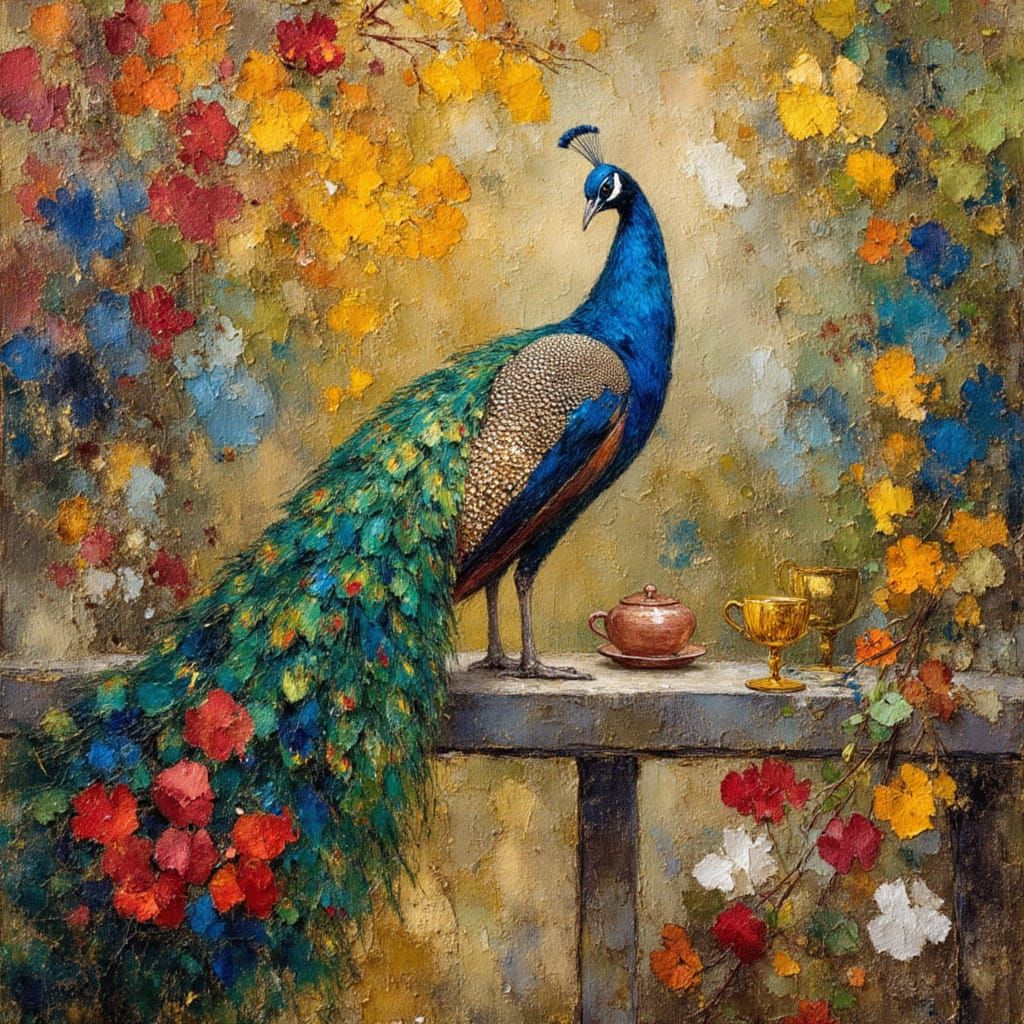 Peacock in Tea Garden, Neo-Expressionist Art Nouveau