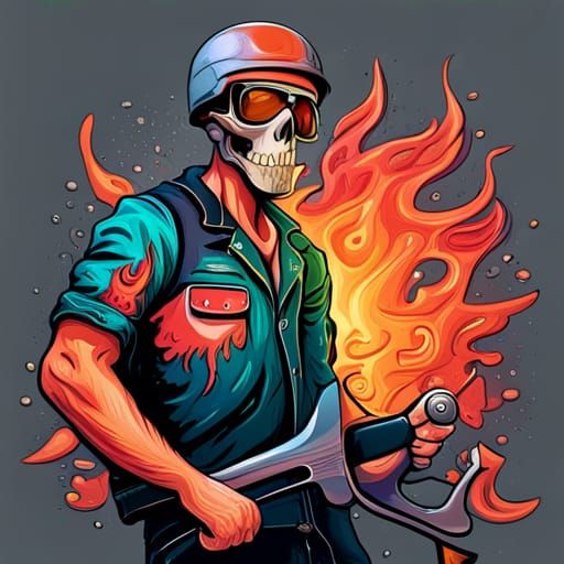 Skeleton Rider in Flames: Graffiti Street Art